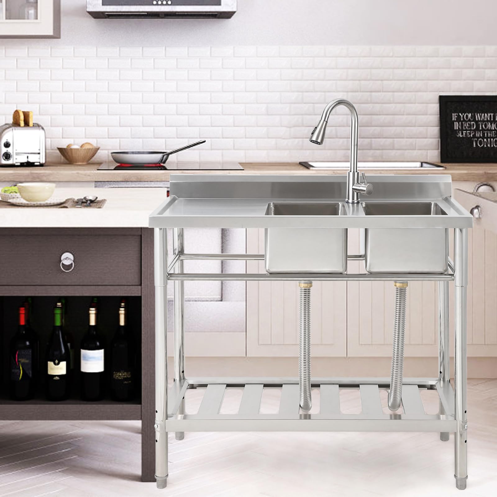 Lavello Commerciale Indipendente Garvee Fatturabile, 2 Vasche + Scolapiatti, Acciaio Inox, Rubinetto Girevole 360°, 105.6 x 51.0 x 37.0 cm , Argento per Ristoranti e Garage