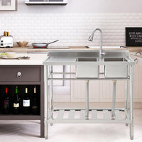 Lavello Commerciale Indipendente Garvee Fatturabile, 2 Vasche + Scolapiatti, Acciaio Inox, Rubinetto Girevole 360°, 105.6 x 51.0 x 37.0 cm , Argento per Ristoranti e Garage