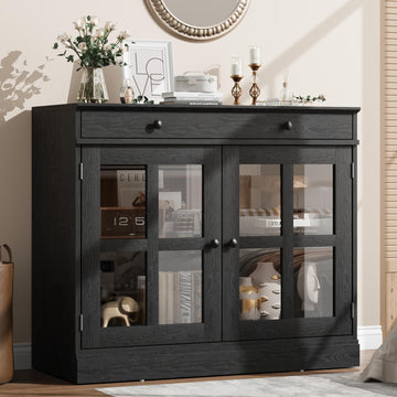 Credenza Garvee da 35,4" con anta in vetro, ripiani regolabili, chiusura ammortizzata, legno, nero, moderna per sala da pranzo e cucina
