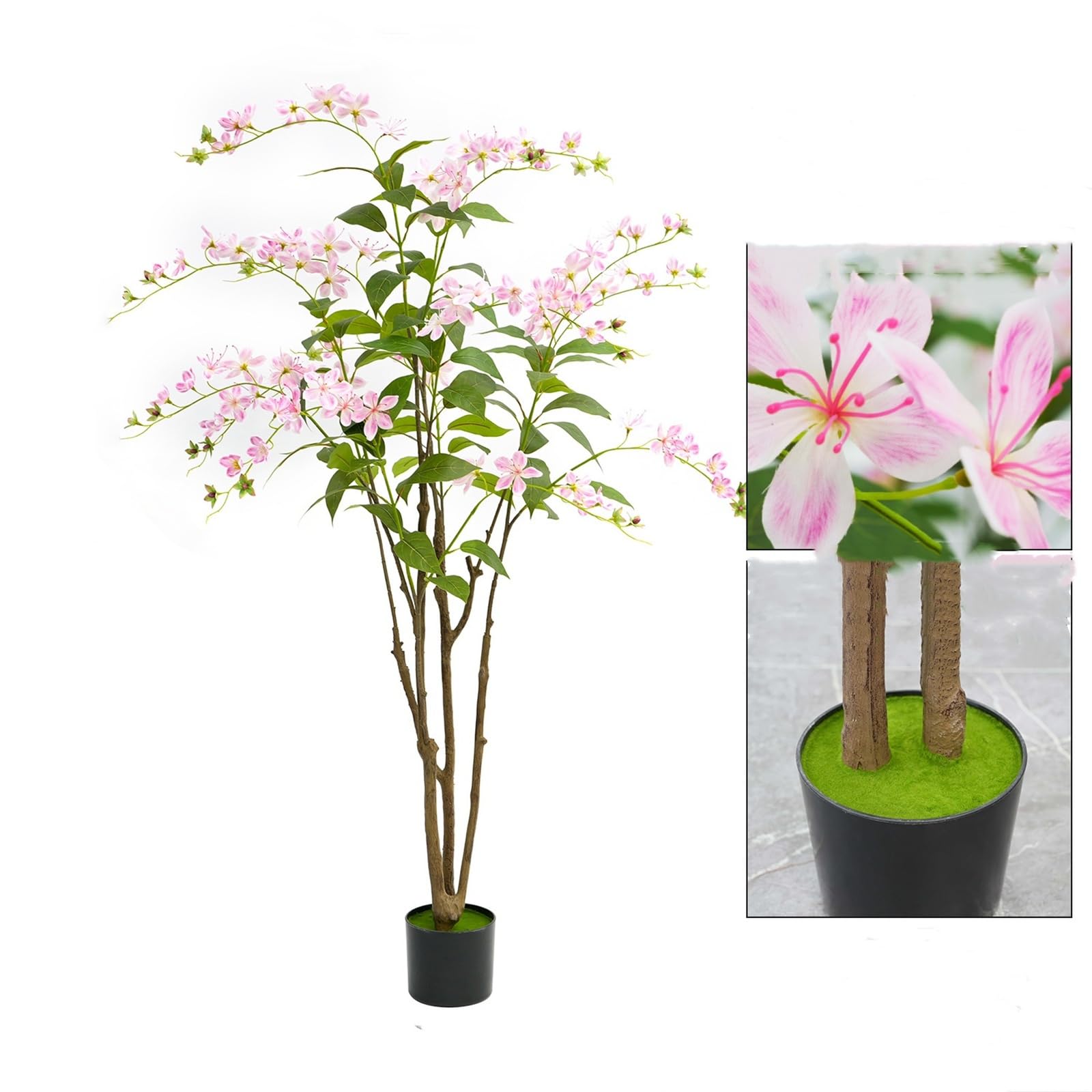 Albero artificiale fiorito Garvee da 5 piedi con fiori rosa, in plastica e cemento, stabile per decorazioni interne ed esterne