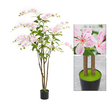Albero artificiale fiorito Garvee da 5 piedi con fiori rosa, in plastica e cemento, stabile per decorazioni interne ed esterne