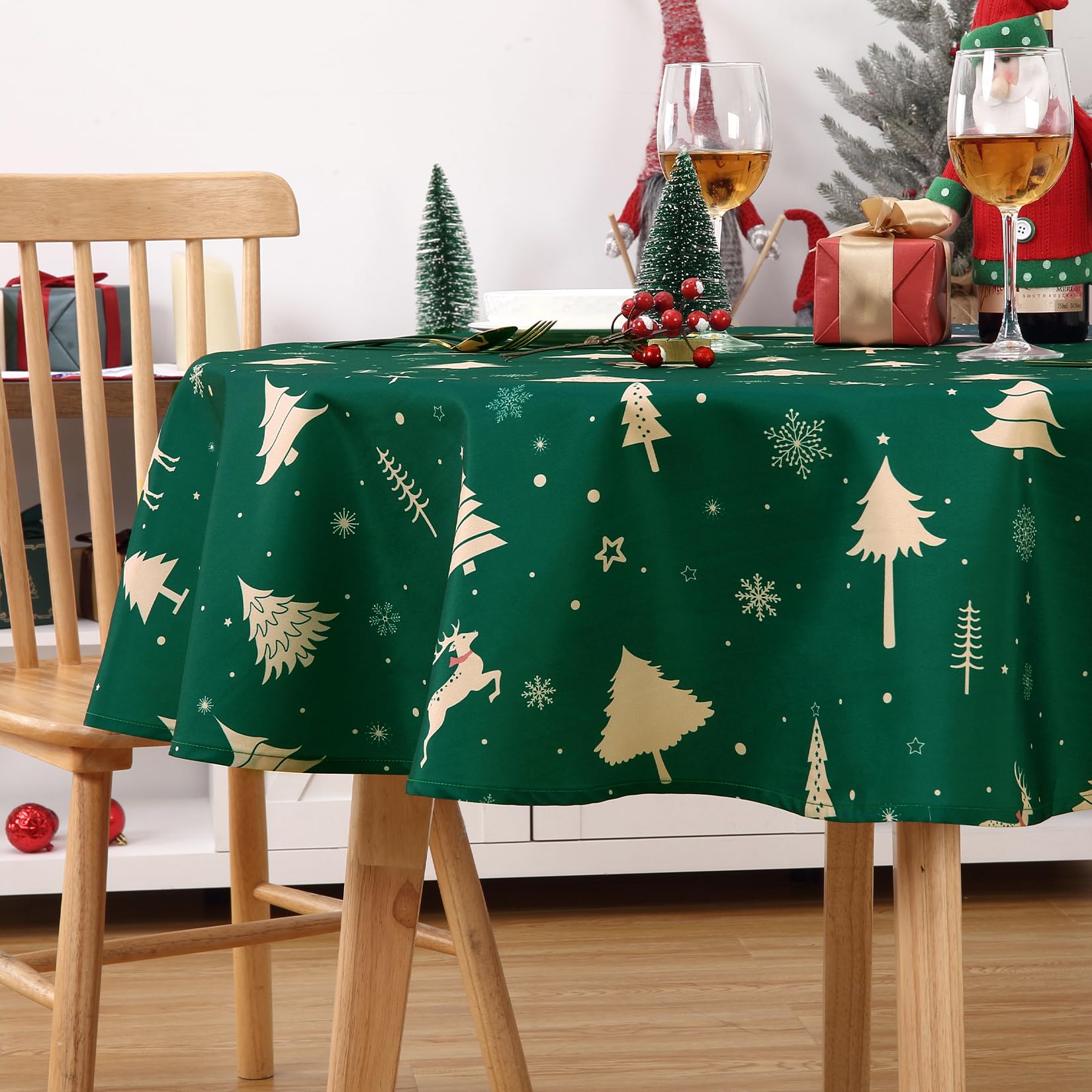 Garvee Mantel De Navidad Impermeable Lavable Con Diseño Renos Clásico Verde 60'' Redondo Para Interiores Y Exteriores