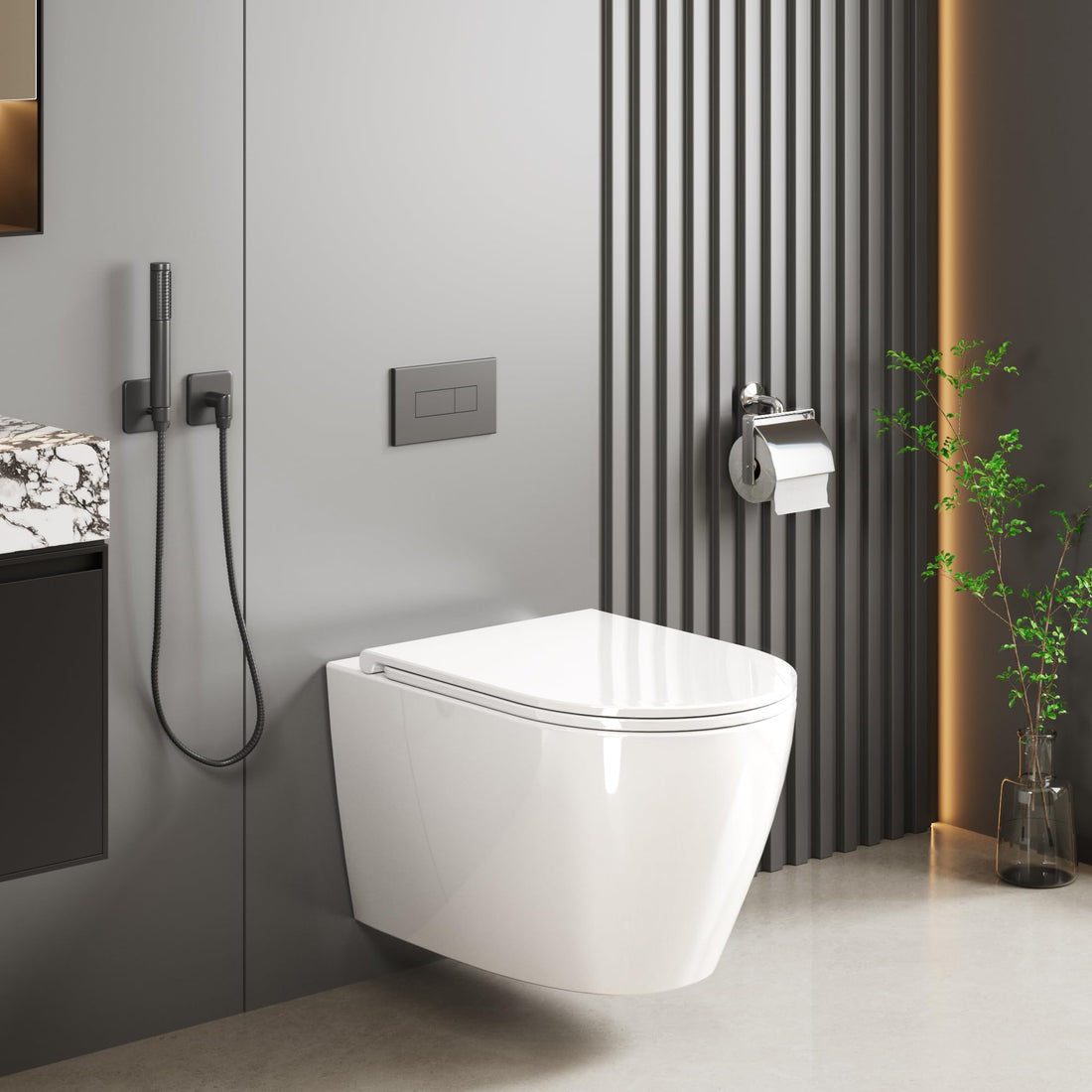 GARVEE WC Sospeso Senza Bordi Wc sospeso in ceramica, forma a D, 55,5 cm, bianco, con coperchio automatico, per bagni moderni