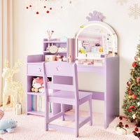 Tavolo da toeletta Garvee Kids con specchio a LED, set da toeletta 2 in 1 per principesse, in legno, con mensola e design sicuro per la cameretta delle bambine, bianco, compatto