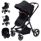 Garvee Trio Passeggino 3 in 1 Nero con Navicella Chiusura a Una Mano Portata Fino a 26kg Seduta Reclinabile e Ampia Capottina Estensibile - Nero
