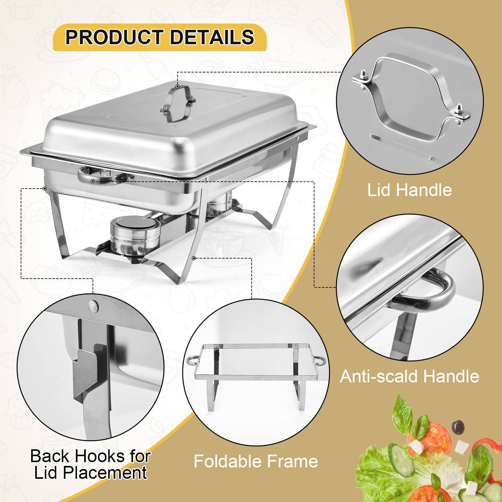 Garvee Chafing Dishes Buffet Set, confezione da 4, 8 Qt in acciaio inossidabile, temperatura controllata, telaio pieghevole sicuro per catering