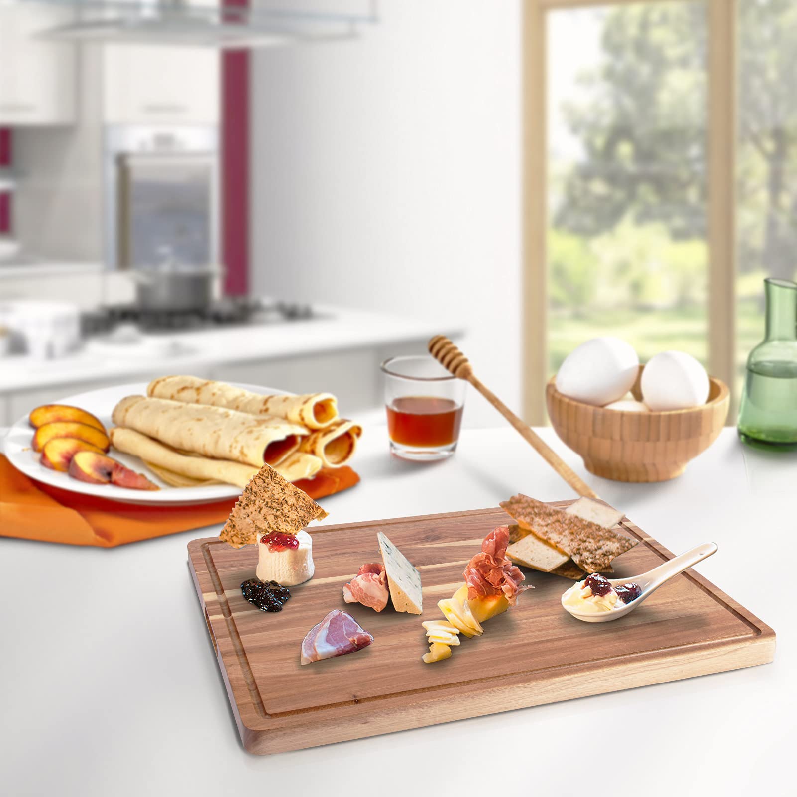 Tagliere in legno di acacia Garvee 60 x 45 x 3 cm con scanalatura per il succo – Utilizzabile su entrambi i lati, robusto e versatile per la cucina e il divertimento