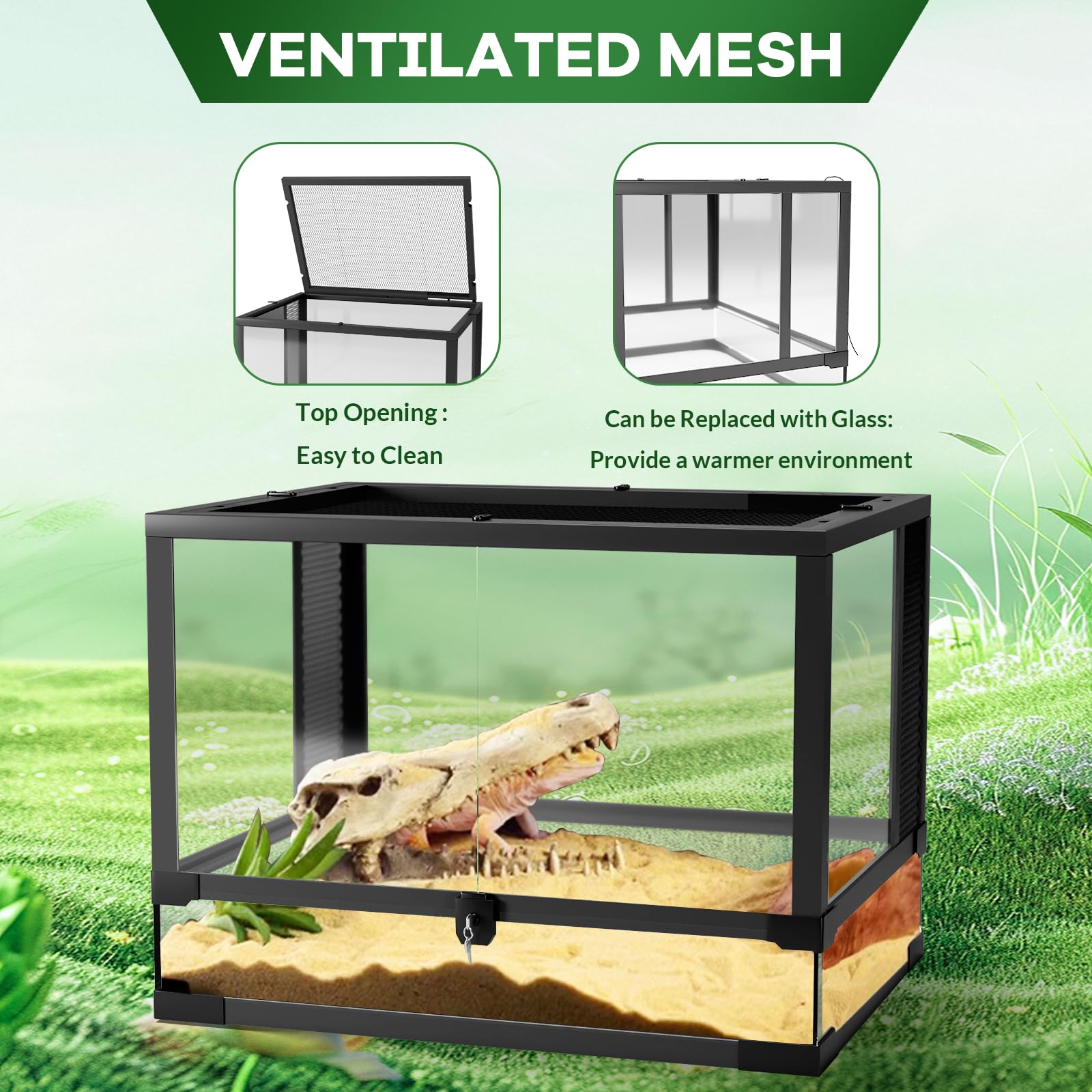 Terrario per rettili in vetro Garvee da 50 galloni, 36x18x18 pollici - Anti-fuga, versatile, vetro temperato, ventilazione superiore, sicuro per deserto e foresta pluviale