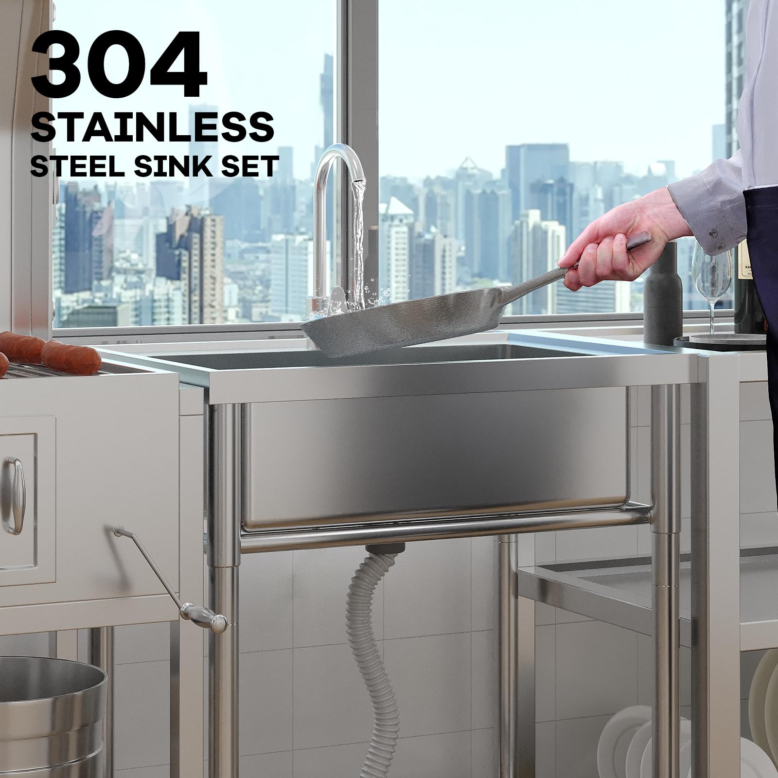 Lavello di servizio Garvee in acciaio inox da 24" con vasca singola e rubinetto girevole a 360° per cucina e garage, antiruggine, indipendente, con ripiano, 41 pollici, argento