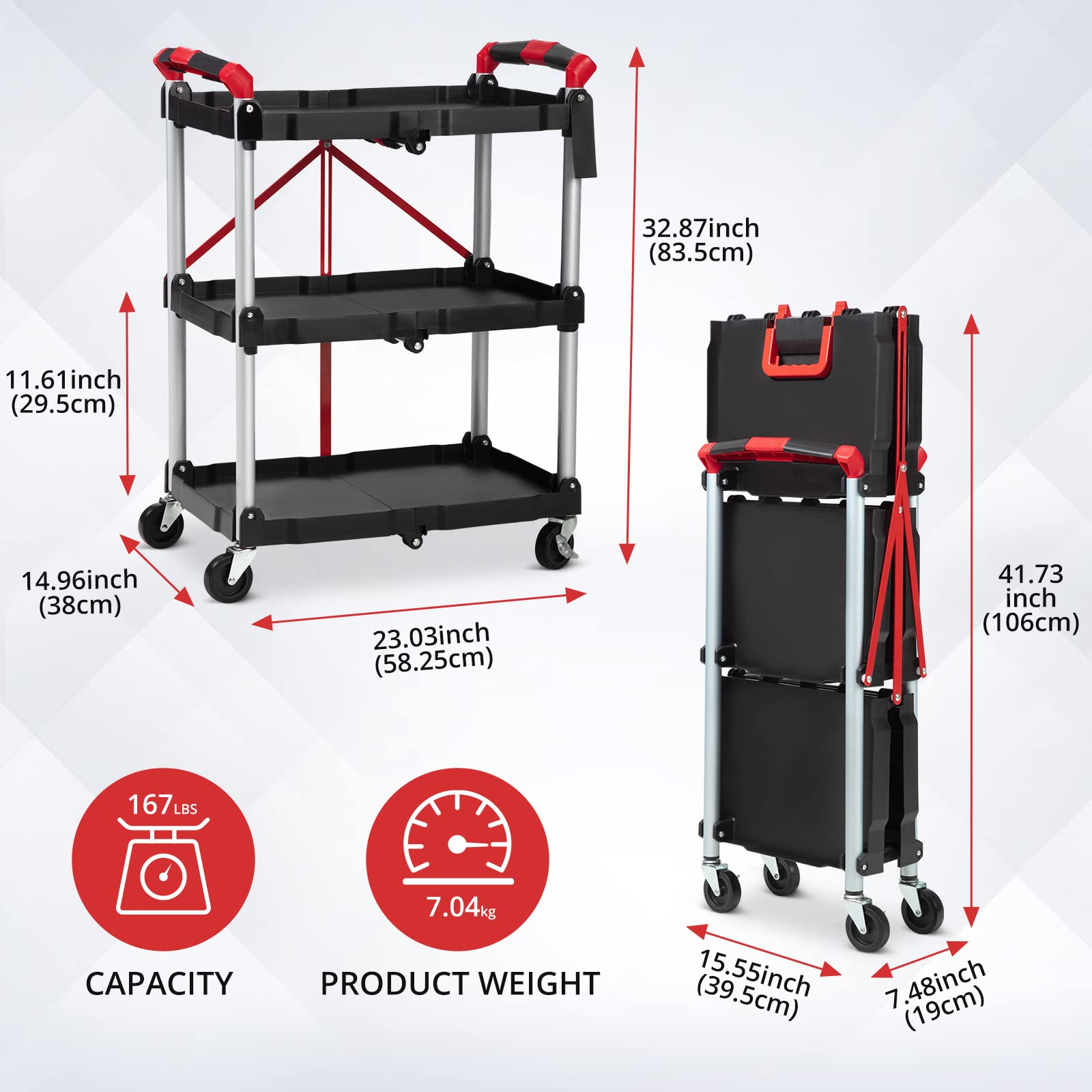 Carrello di servizio pieghevole Garvee a 3 ripiani con capacità di carico di 56 libbre, telaio in alluminio, maniglie gommate, 4 ruote girevoli per ufficio e casa, 83,5 cm, argento