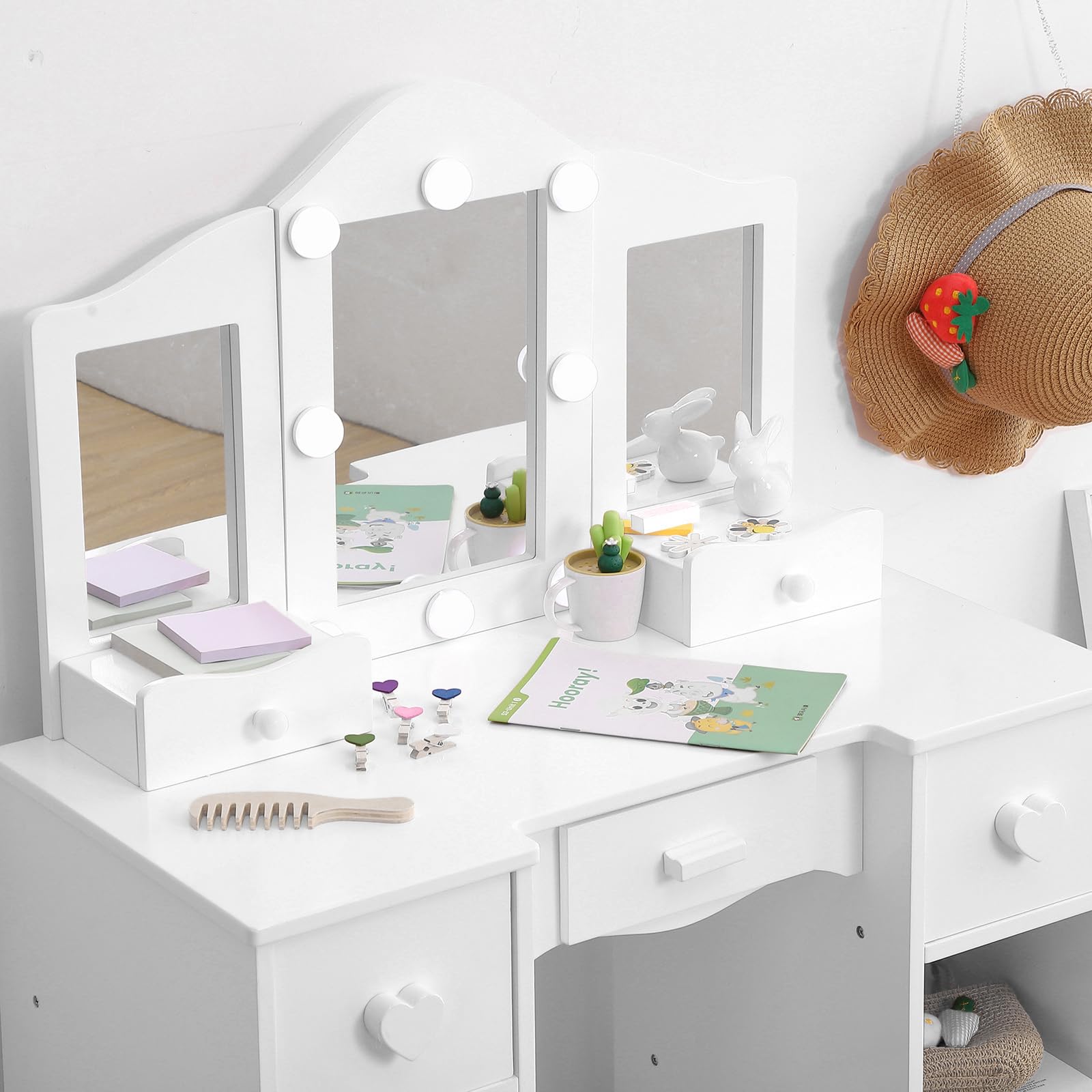 Tavolo da toeletta per bambini Garvee con specchio e luce, tavolo da trucco 2 in 1 da principessa, in legno, ampio spazio di archiviazione, specchio rimovibile, sicuro e stabile, per la cameretta delle bambine