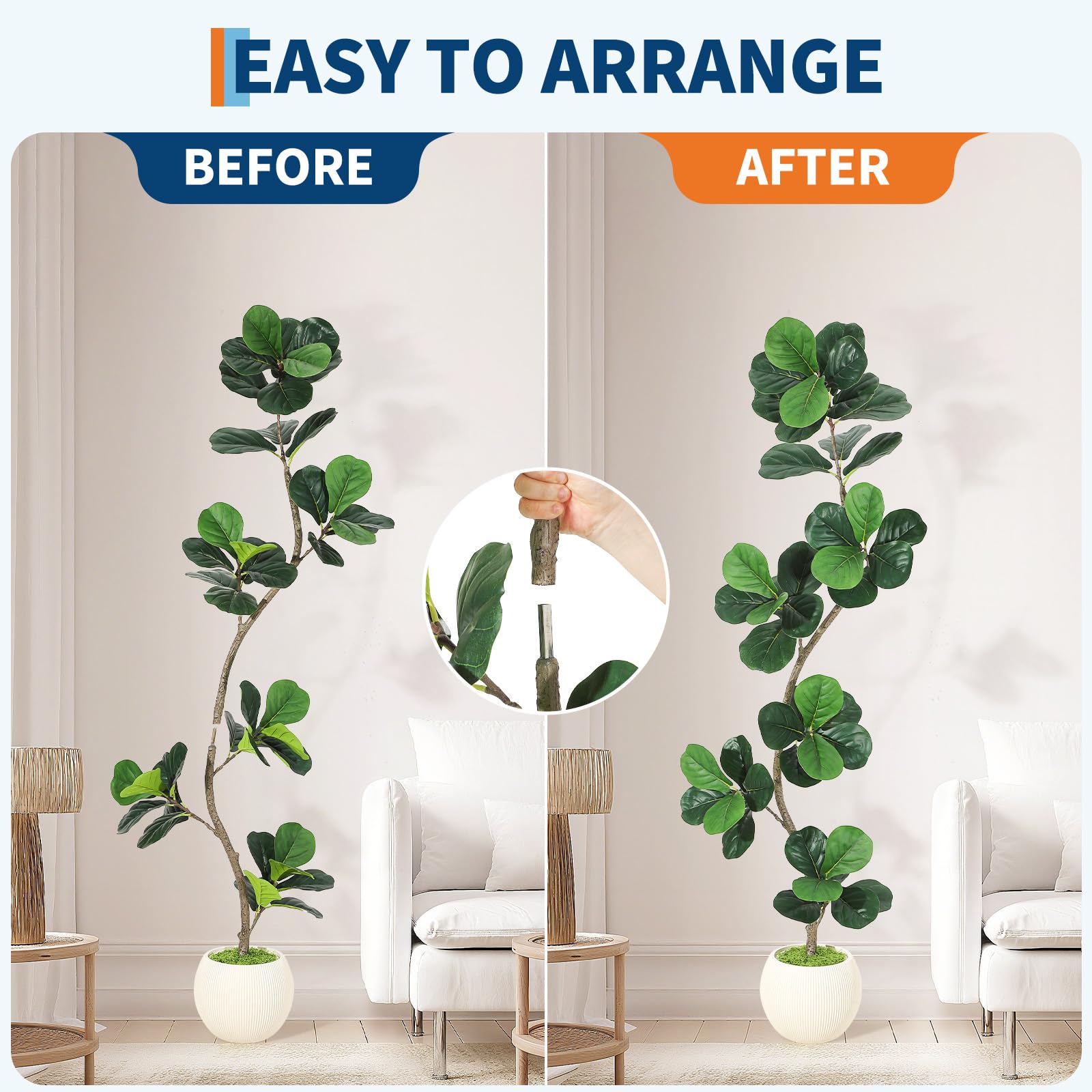 Albero di fico artificiale Garvee da 6 piedi con vaso bianco per soggiorno e ufficio, rami regolabili, resistente alle intemperie, foglie realistiche, decorazione in muschio
