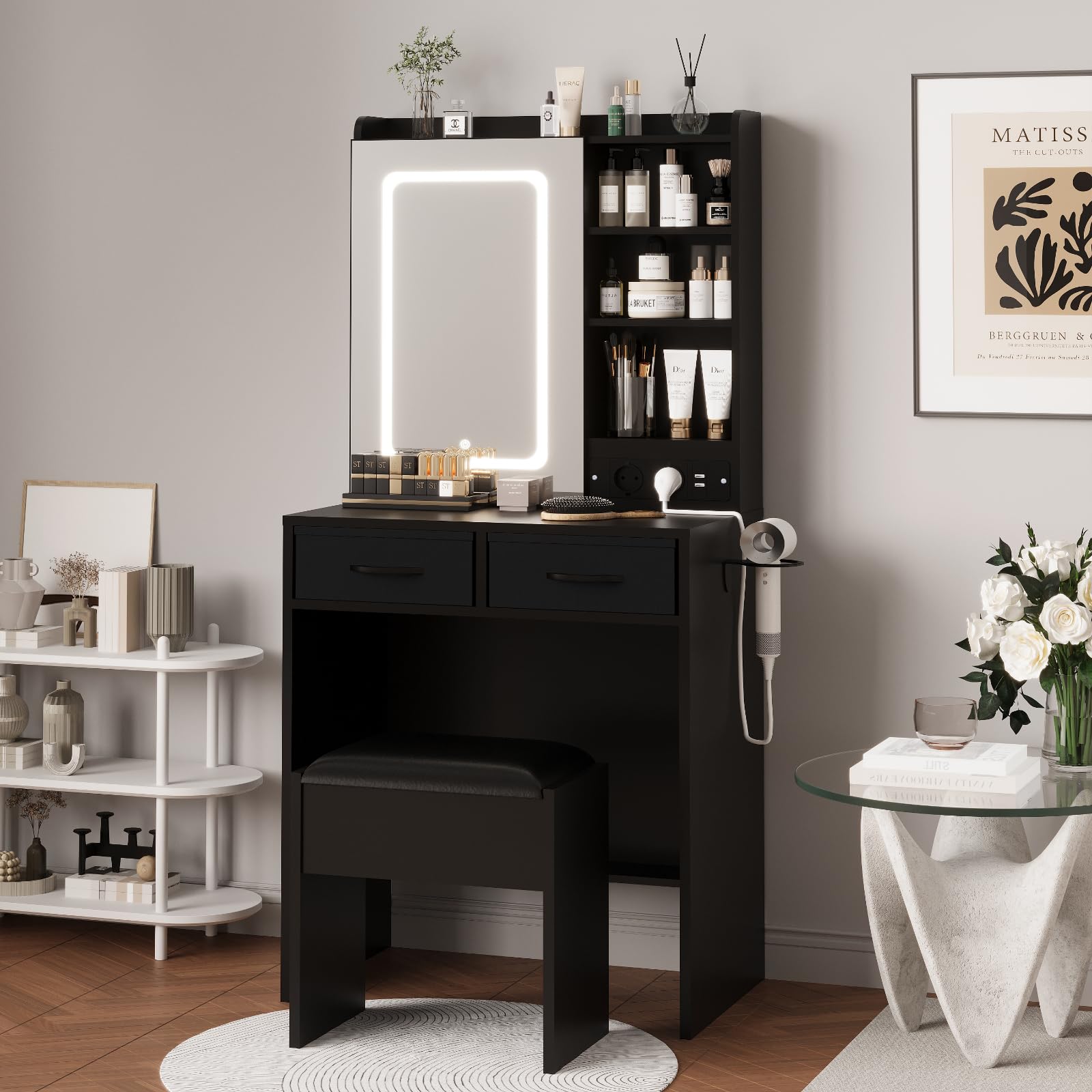 Salone da parrucchiere Garvee con specchio a LED, 3 modalità di illuminazione, stazione di ricarica, sgabello imbottito, ampio spazio di archiviazione, nero, camera da letto