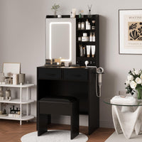 Salone da parrucchiere Garvee con specchio a LED, 3 modalità di illuminazione, stazione di ricarica, sgabello imbottito, ampio spazio di archiviazione, nero, camera da letto