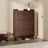 Garvee Mobile Porta Scarpe in Legno Scanalato Alto 122 cm con 2 Cassetti Ribaltabili e Ripiani Regolabili, Organizzatore Stretto per Ingresso e Corridoio, Moderno, Slim, Marrone - Black Walnut