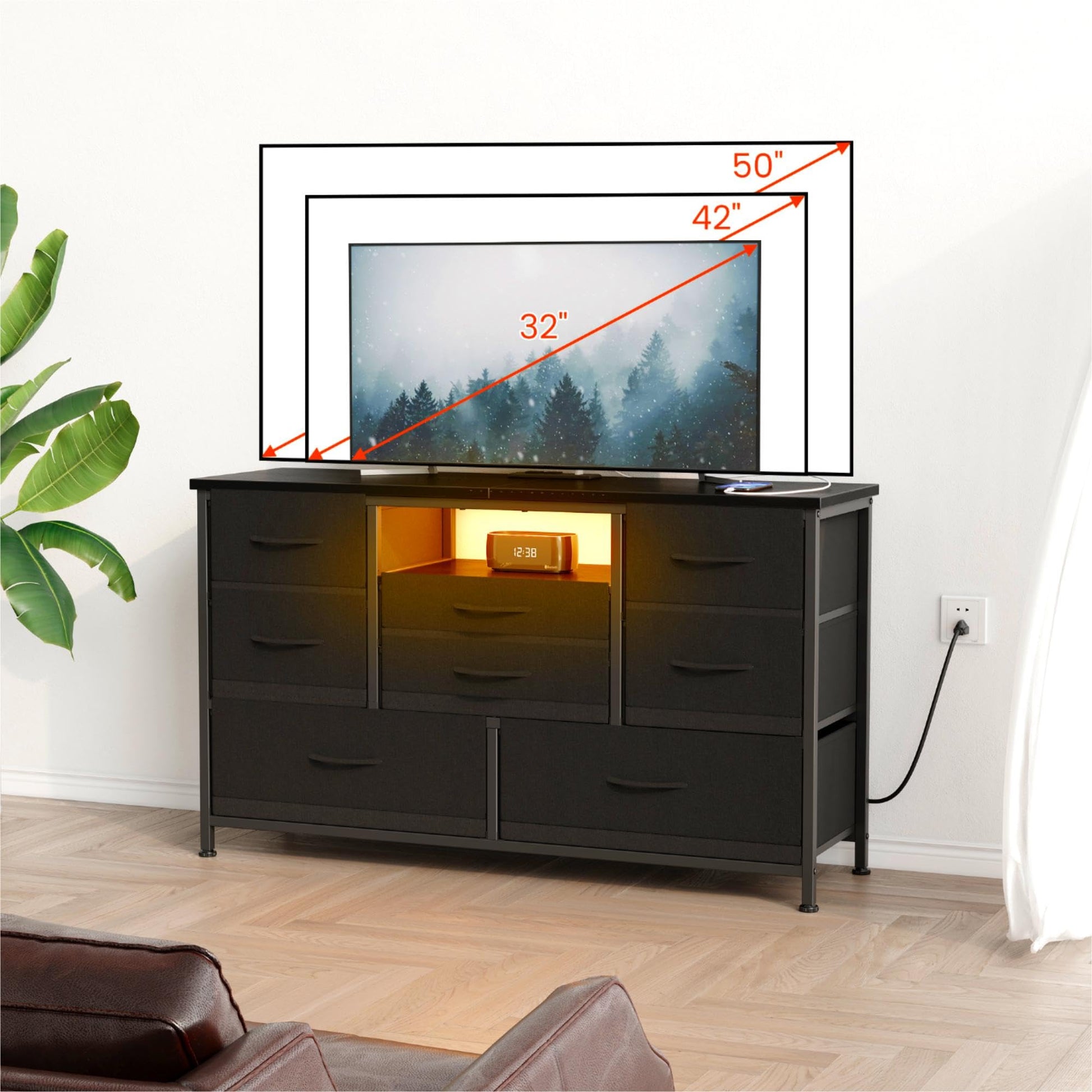 Mobile TV Garvee a 8 cassetti con illuminazione a LED e presa di corrente per soggiorno e camera da letto, in legno MDF, grande, leggero, gestione dei cavi