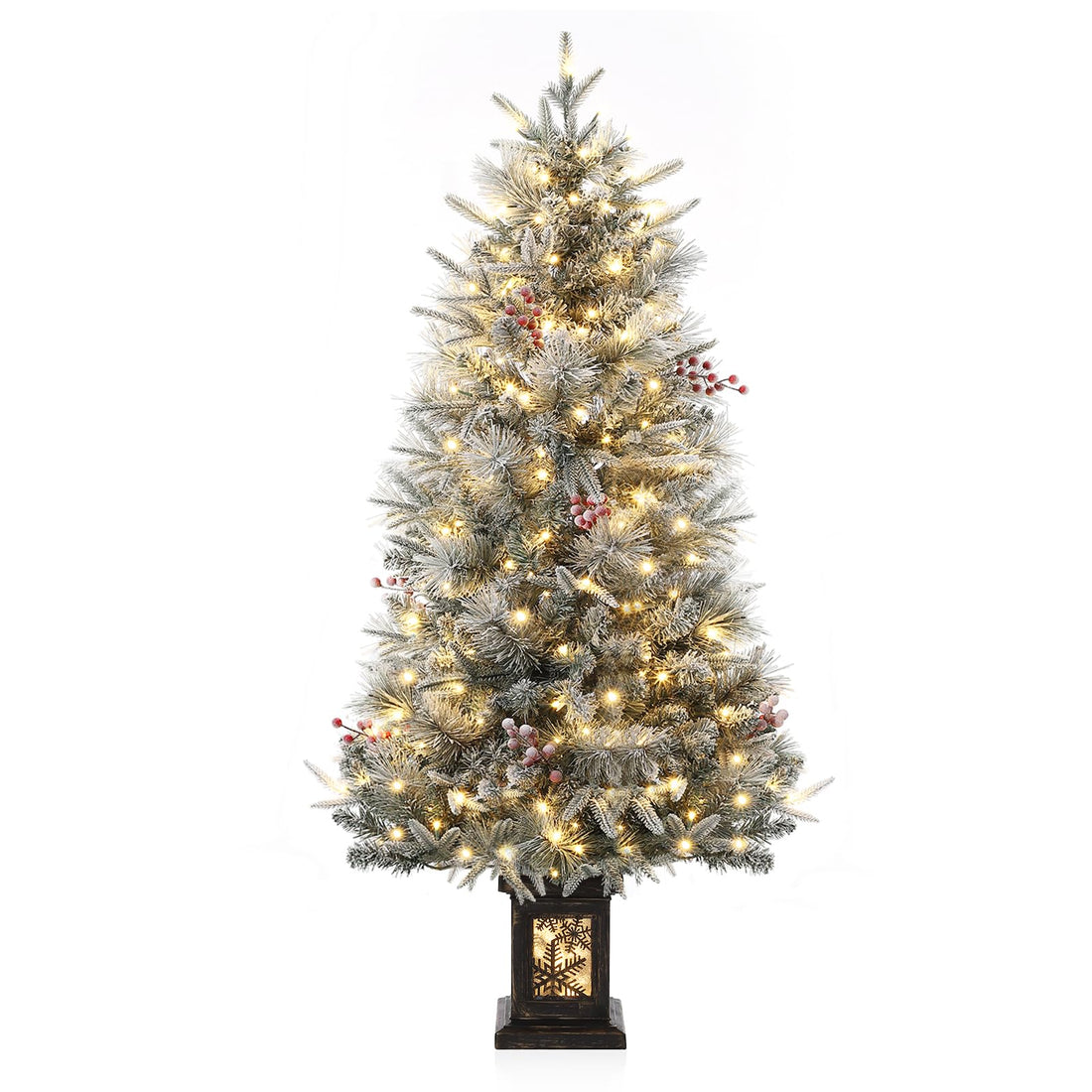 Albero di Natale vintage Garvee da 145 cm con struttura in metallo, 200 LED, 8 modalità, effetto cedro satinato, 4 bacche rosse e scatola luminosa con fiocchi di neve