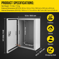 Scatola elettrica per esterni Garvee 20x12x10" NEMA 4X in acciaio IP66 impermeabile e antipolvere con piastra di montaggio e staffa a parete per uso interno ed esterno