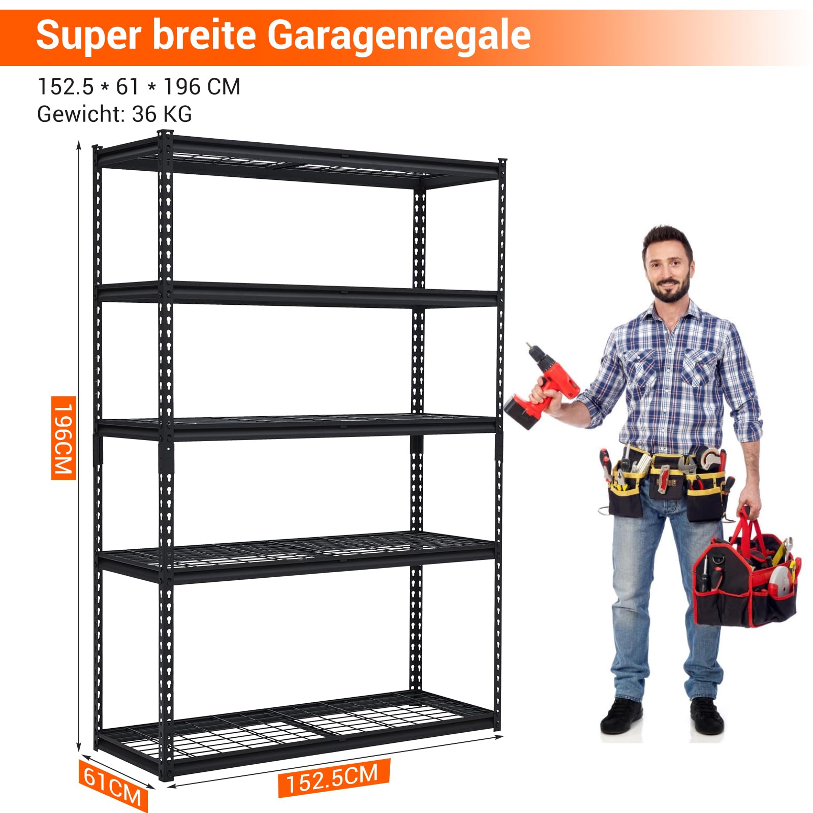 Scaffalatura metallica Garvee, resistente, 5 ripiani regolabili, robusta, 122x46x183 cm, officina/garage