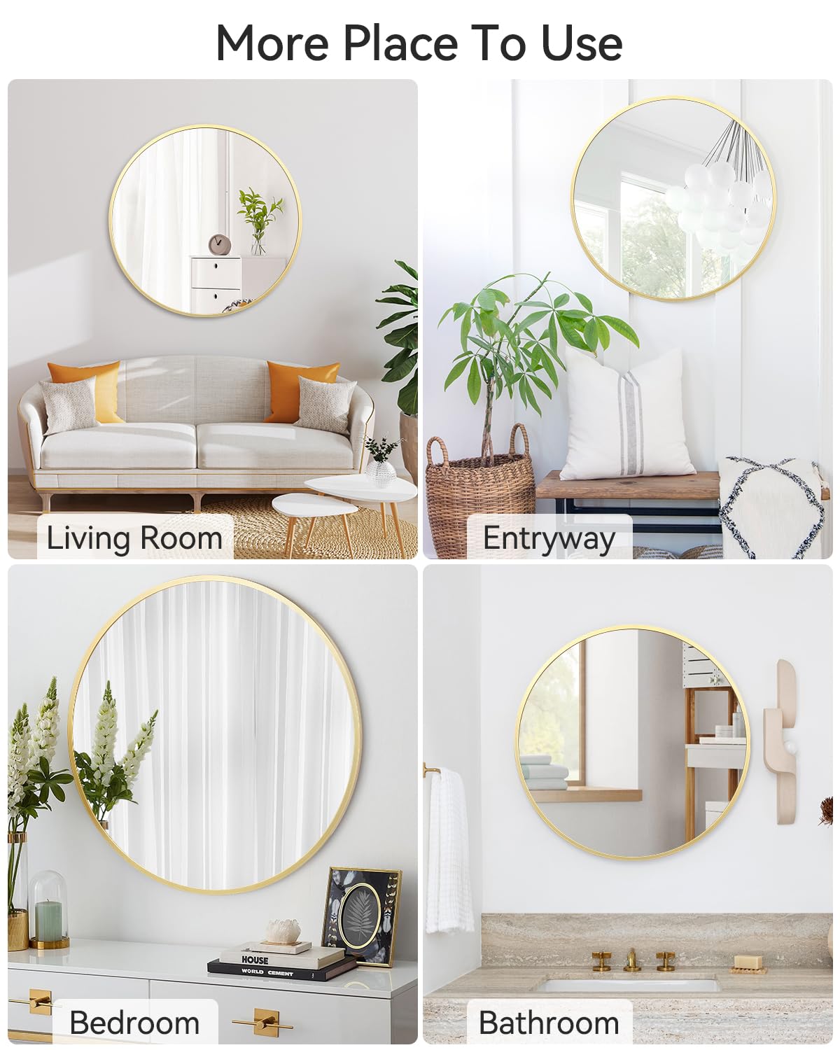Specchio da bagno rotondo dorato Garvee da 24 pollici con vetro HD opaco e cornice in metallo, anti-distorsione, per il soggiorno