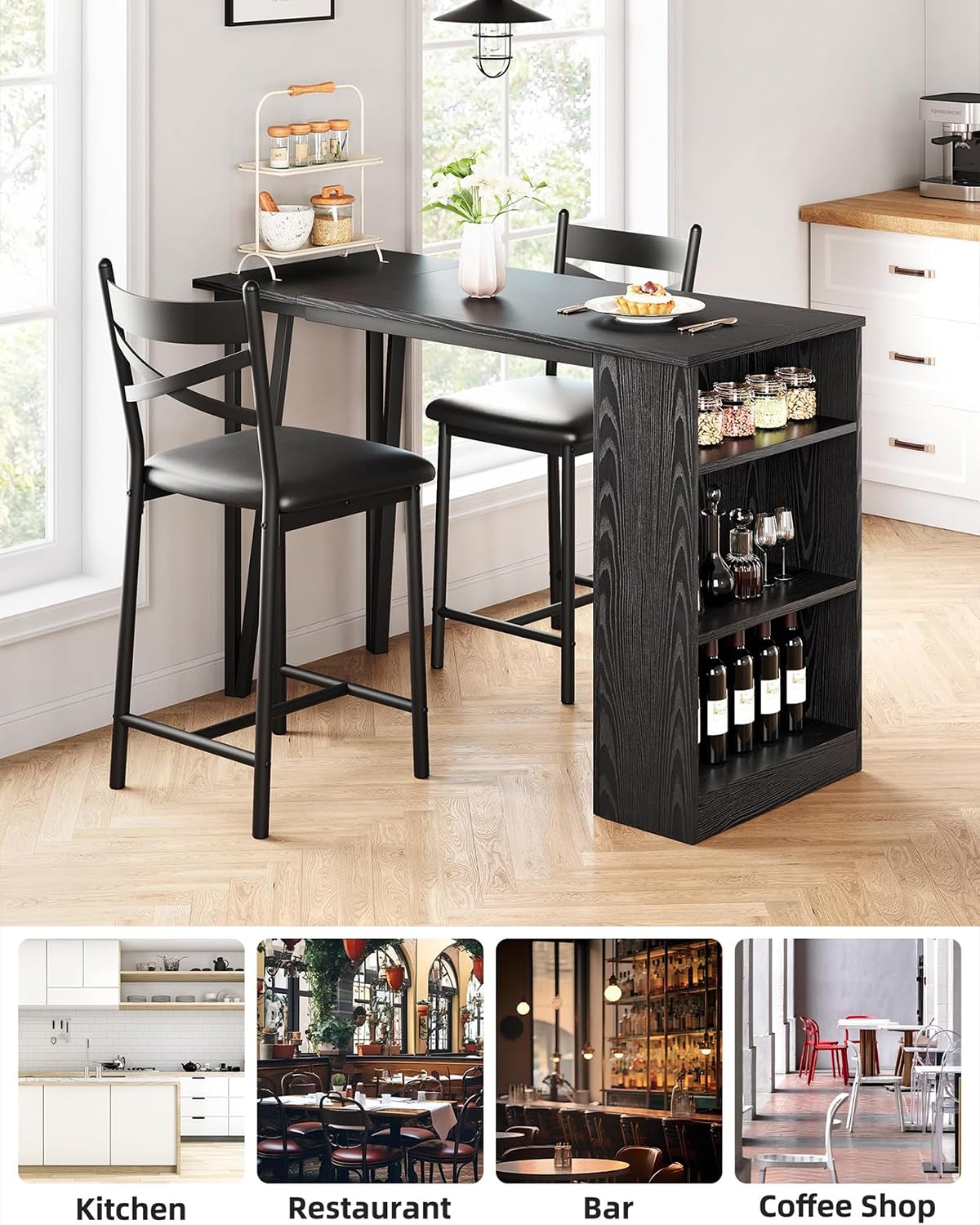 Tavolo da bar estensibile Garvee per 2-4 persone, cuscini larghi 16 pollici, MDF resistente, spazio di archiviazione, nero, piccoli appartamenti