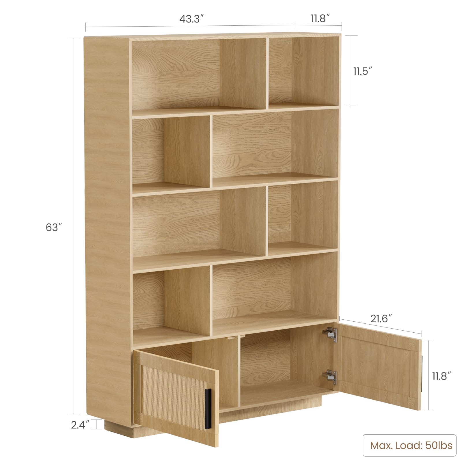 Libreria Garvee a 5 ripiani con ante in rattan, robusto legno MDF, soggiorno e ufficio, 31,5"L x 63"A, stile boho