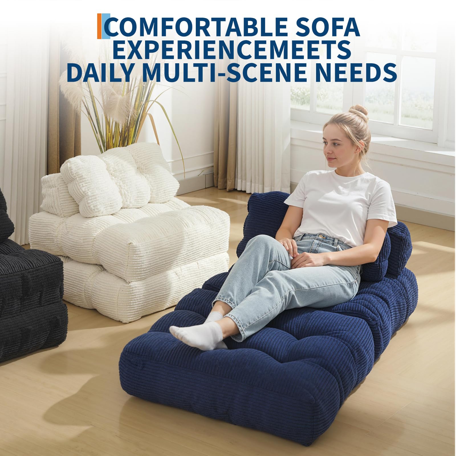 Divano letto 3 in 1 Garvee con cuscini e schienale per soggiorno e camera da letto, 34 pollici, blu navy, schiuma comfort, tessuto a coste