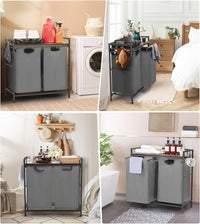 Cesto portabiancheria doppio Garvee con tasche Oxford, struttura in metallo robusto, ripiano in legno per bagno e camera da letto, grande, impermeabile