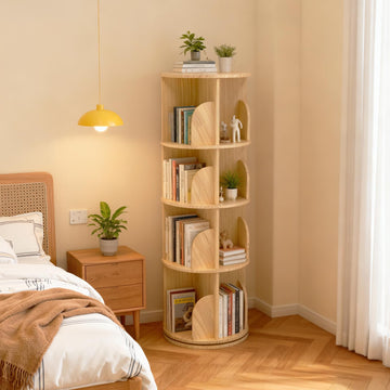 Libreria girevole a 4 ripiani Garvee in legno massello - Scaffale girevole a 360° per bambini e adulti, Ø39 cm, H129 cm, legno naturale
