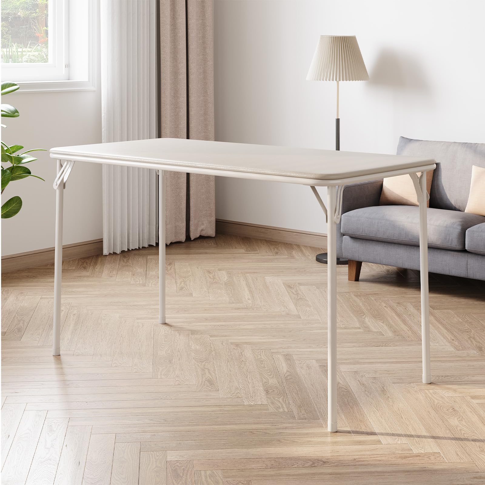Tavolo pieghevole Garvee a 4 gambe, portatile, pieghevole, gambe in metallo, piano in similpelle, beige, per uso interno ed esterno