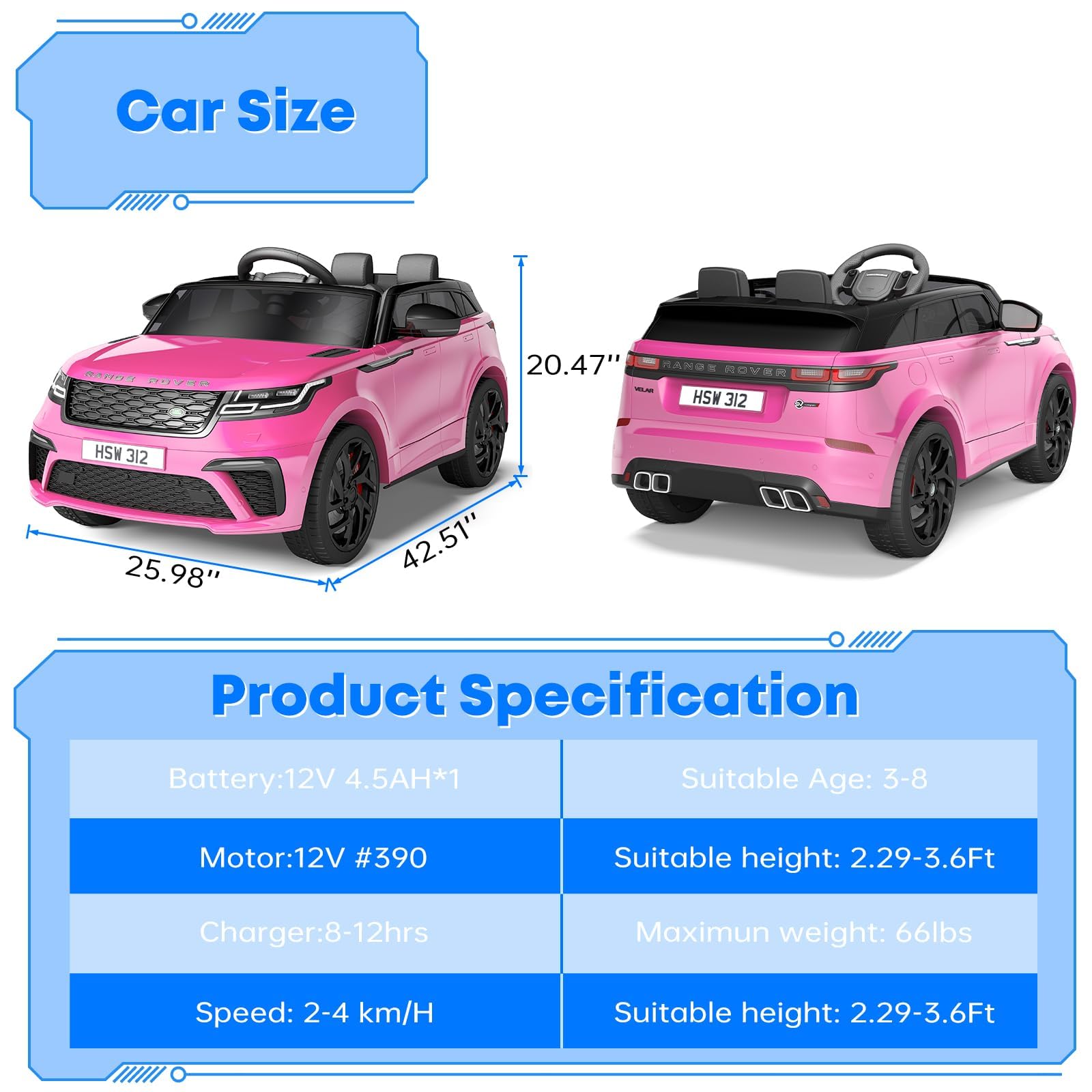 Garvee Kids Electric Car Land Rover 12V – Con telecomando, musica, illuminazione a LED rosa, per bambini e bambine dai 3 anni in su, da usare in giardino, al parco o in cortile.