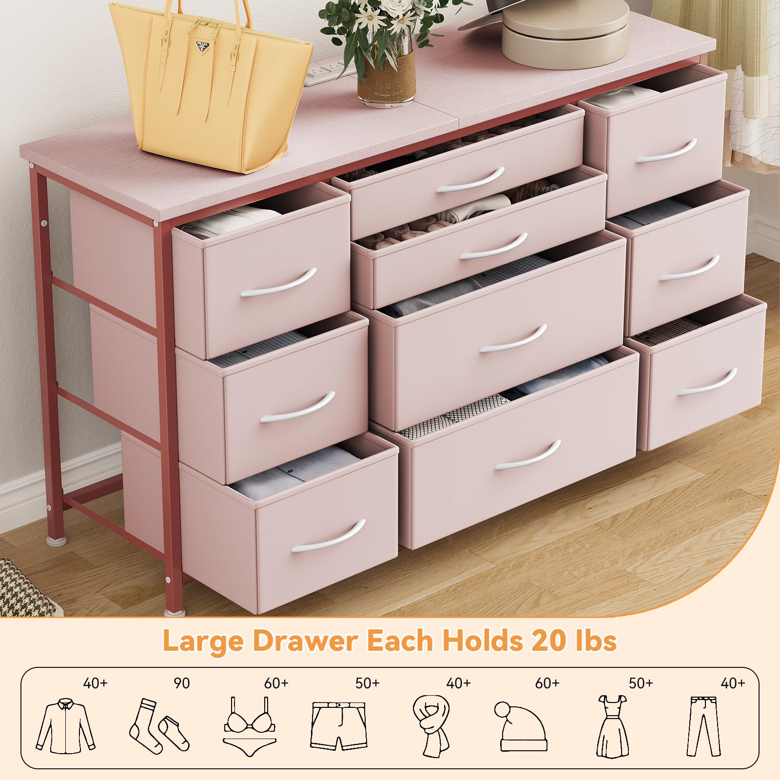 Cassettiera GARVEE con cassetti, credenza con 10 cassetti in tessuto e 3 prese di corrente, cassettiera per soggiorno, credenza per ingresso, mobile contenitore con rivestimento in tessuto, robusta struttura in metallo, piano in legno