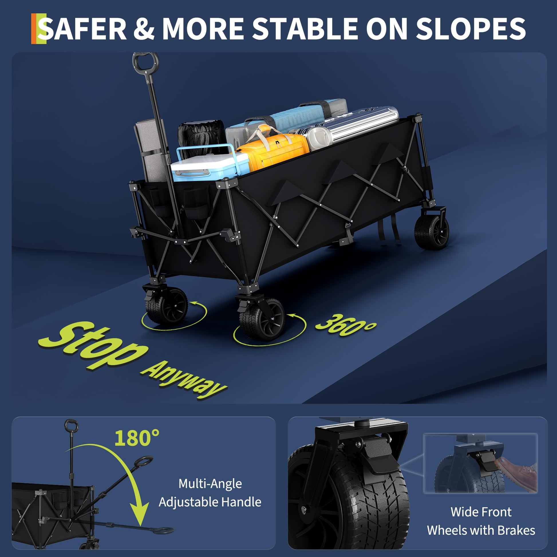 Carrello da spiaggia pieghevole Garvee con ruota fissata a tutti i terreni, telaio in acciaio, capacità di carico di 350 libbre, per esterni e spiaggia, pieghevole, nero