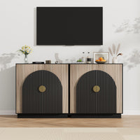 Mobile buffet Garvee Mid-Century Modern con design scanalato, ante ad arco, ripiani regolabili, nero-marrone per sala da pranzo e soggiorno, modulare, PB+MDF