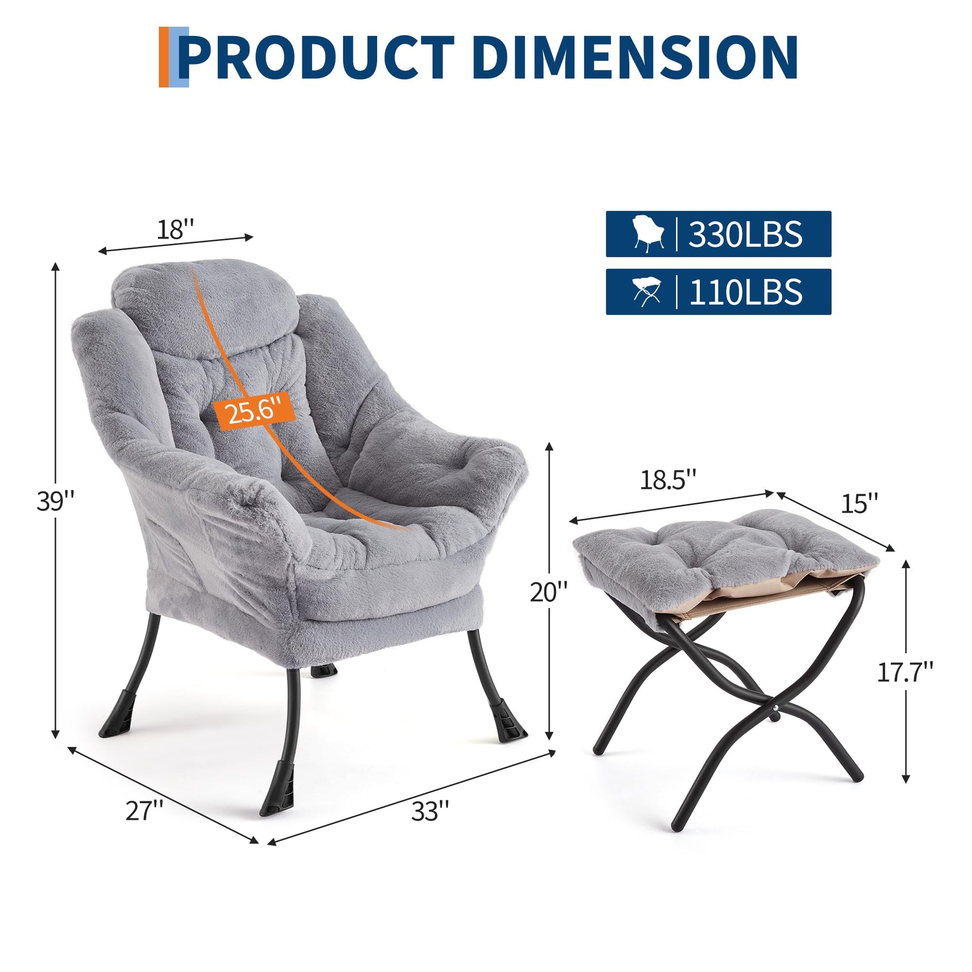 Poltrona Garvee Lazy con poggiapiedi, ergonomica e robusta, in pelliccia sintetica di coniglio, grigio chiaro, per soggiorno e ufficio
