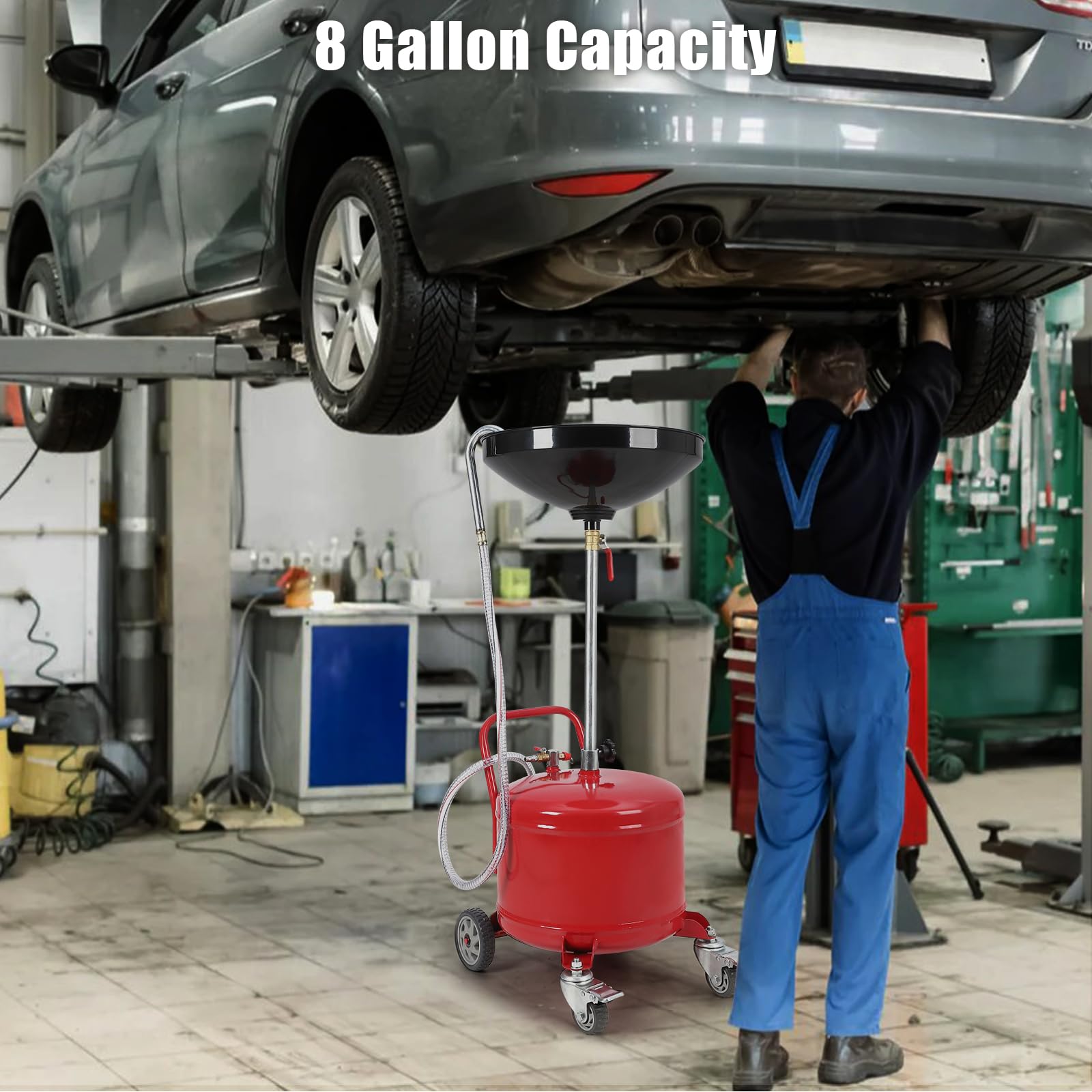 Garvee - Vasca di raccolta olio in acciaio da 8 galloni con ruote, indicatore del livello del fluido, altezza regolabile, grande imbuto per uso in officina e domestico, nero