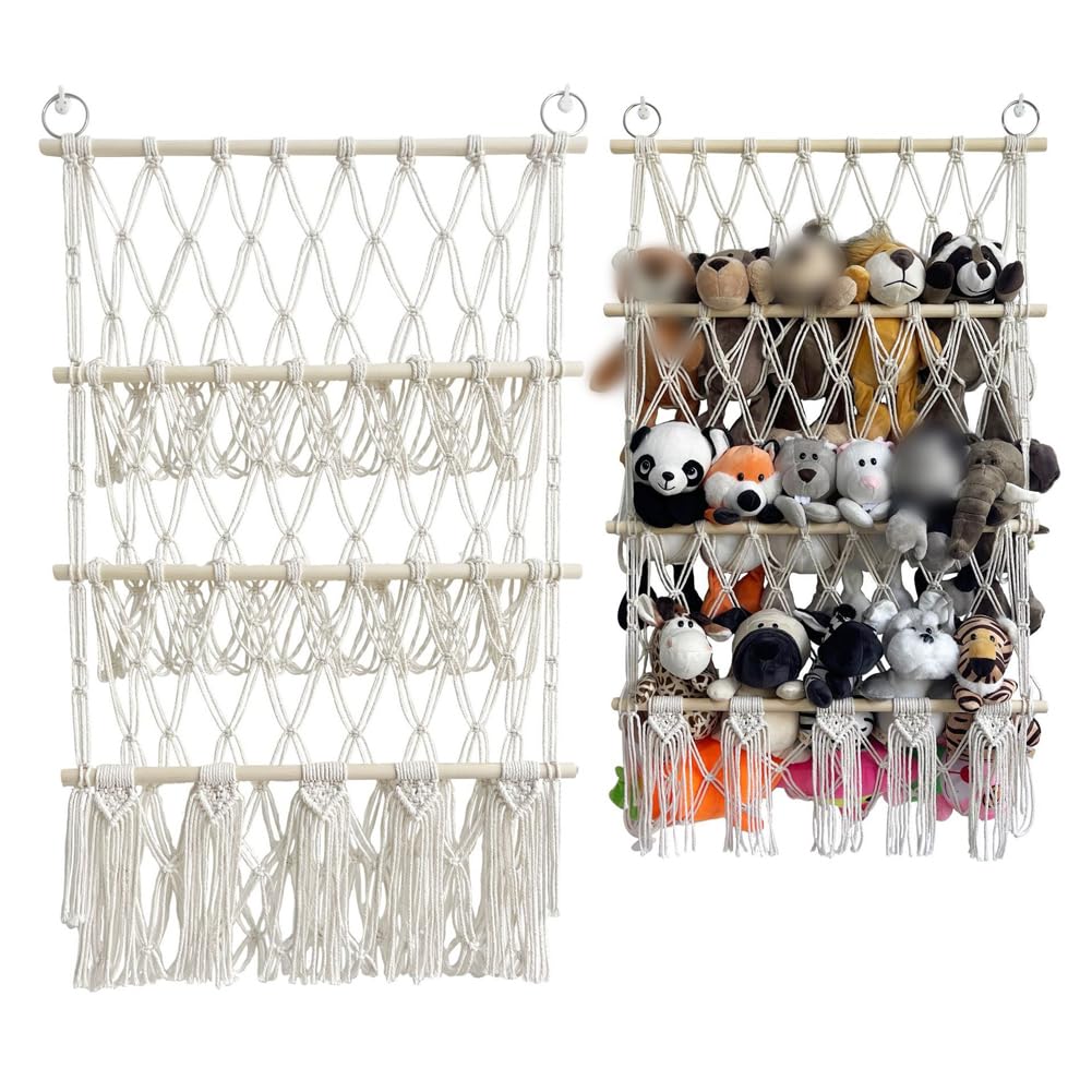 GARVEE Amaca portaoggetti per animali di peluche, corda di cotone, ampio spazio di archiviazione, regolabile, cameretta dei bambini e sala giochi, 78-118 cm, bianco