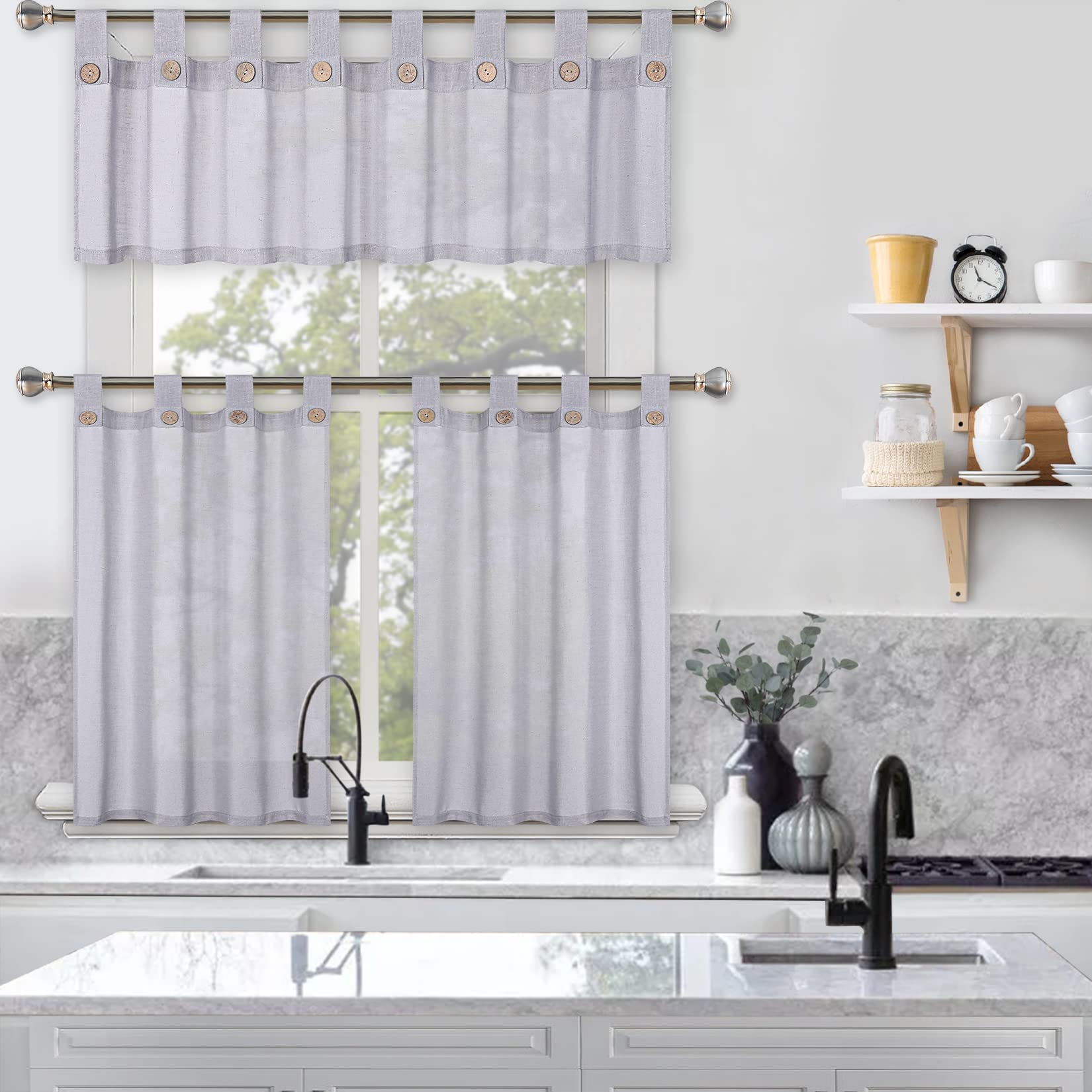 GARVEE Tende da caffè a strati in finto lino, tende da cucina, tende con passanti, tende da finestra, 27x36 pollici, grigio