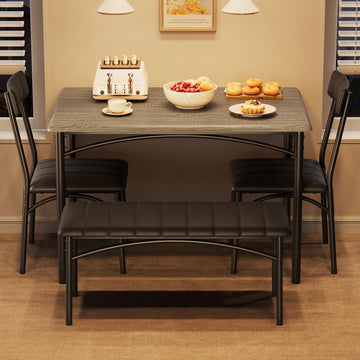 Set da pranzo Garvee per 4 persone con sedie imbottite e panca, tavolo rettangolare in legno, robusto, salvaspazio, MDF e acciaio, stanze piccole, nero