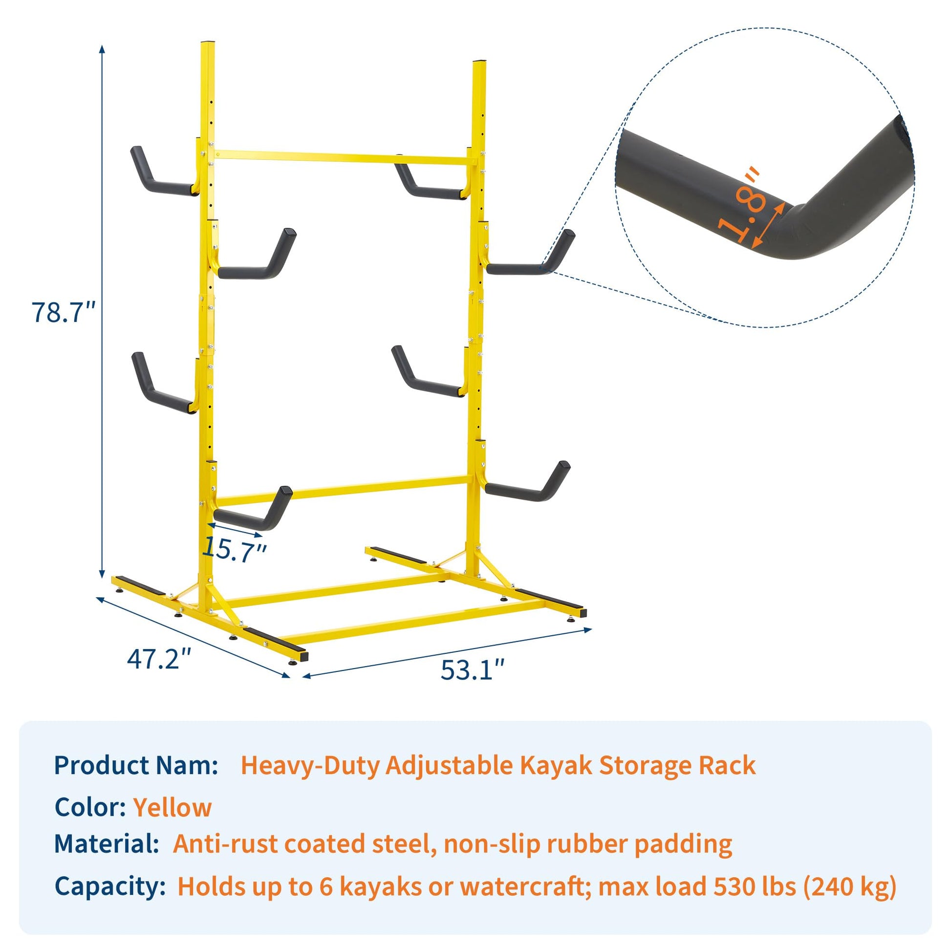 Garvee Kayak Storage Rack Heavy Duty Freestanding Altezza Regolabile Braccioli Imbottiti Acciaio Resistente alla Ruggine Per 4 Kayak Interni ed Esterni