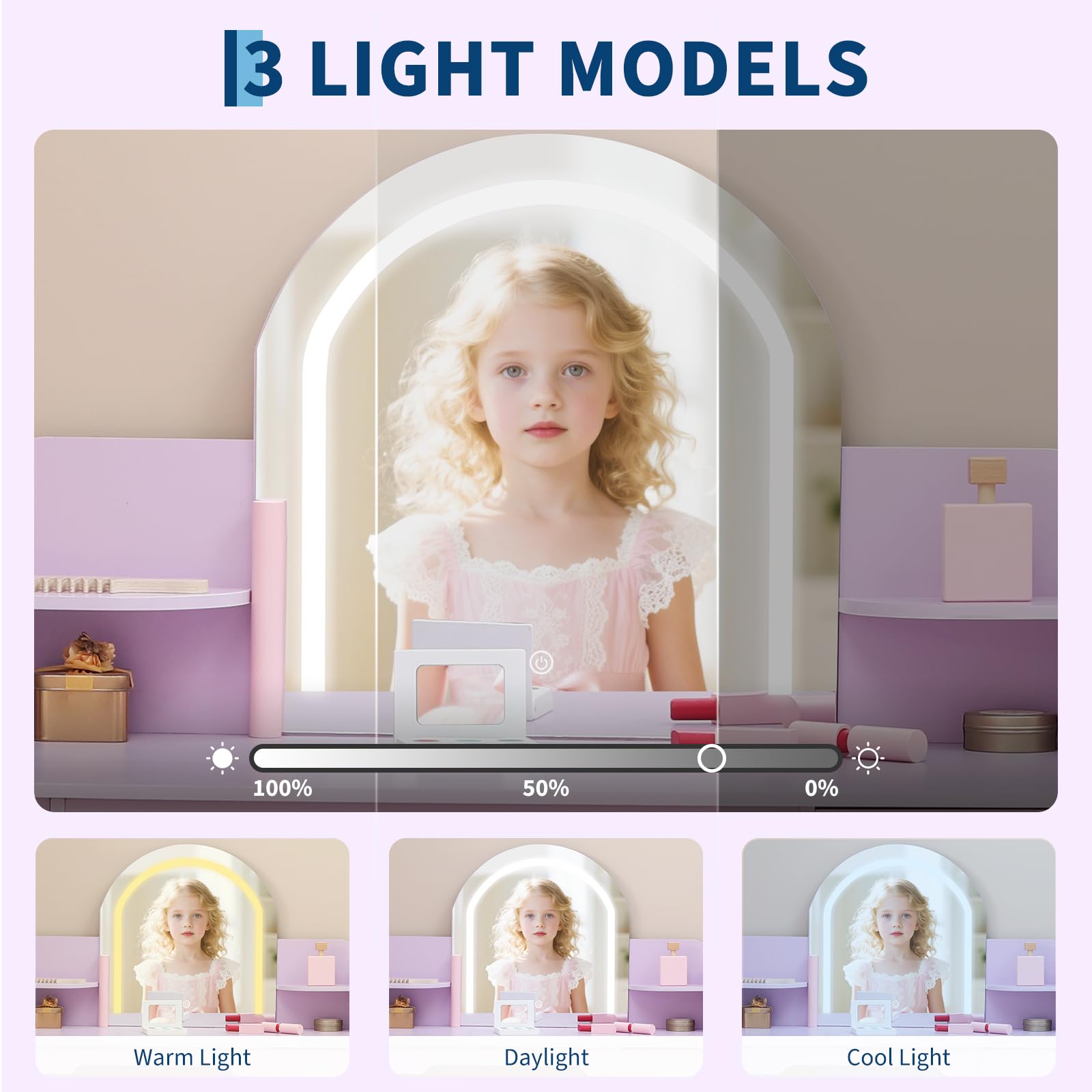 Tavolo da toeletta per bambini Garvee con luce LED e sgabello, regolabile, MDF, viola, per bambine dai 3 ai 9 anni, sala giochi