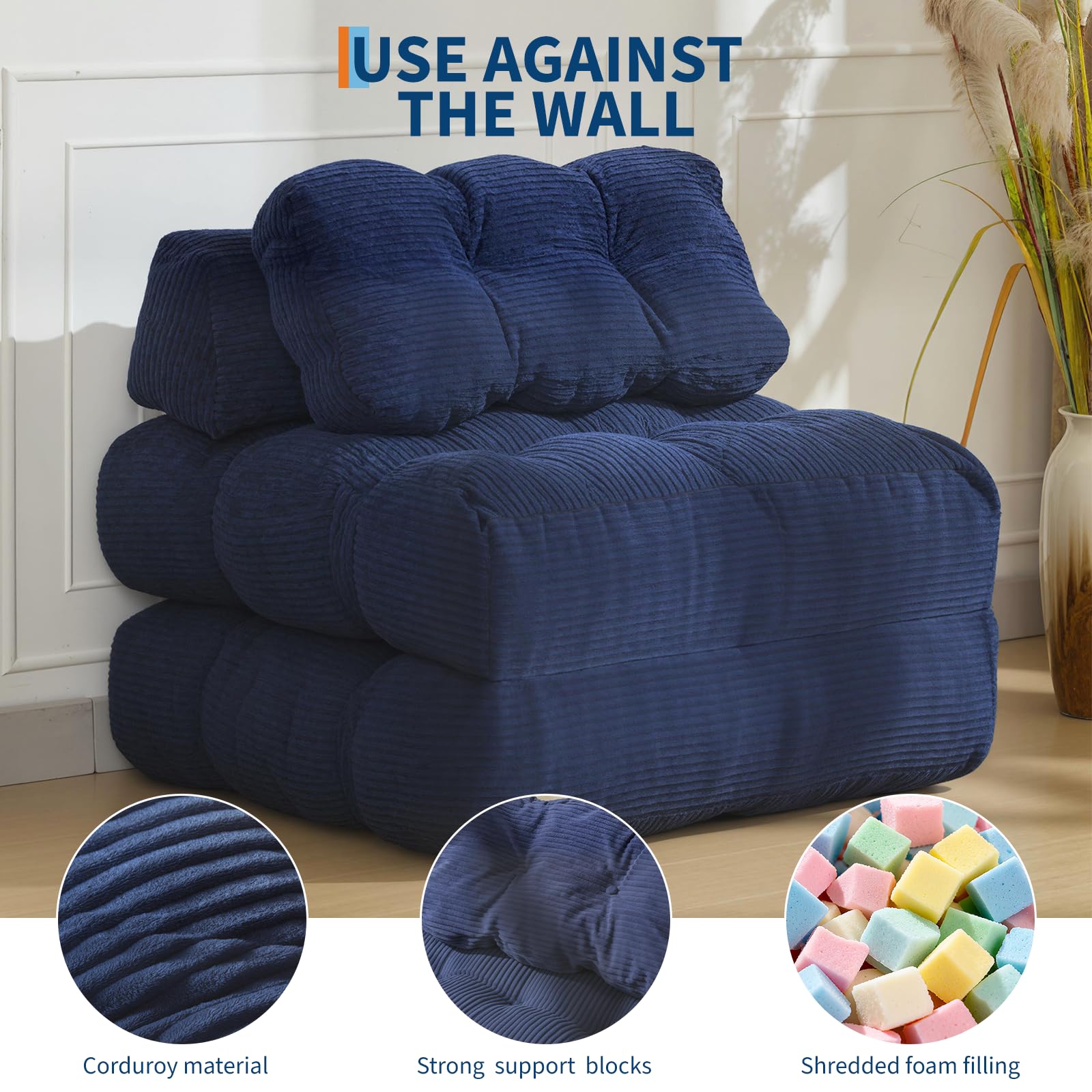 Divano letto 3 in 1 Garvee con cuscini e schienale per soggiorno e camera da letto, 34 pollici, blu navy, schiuma comfort, tessuto a coste