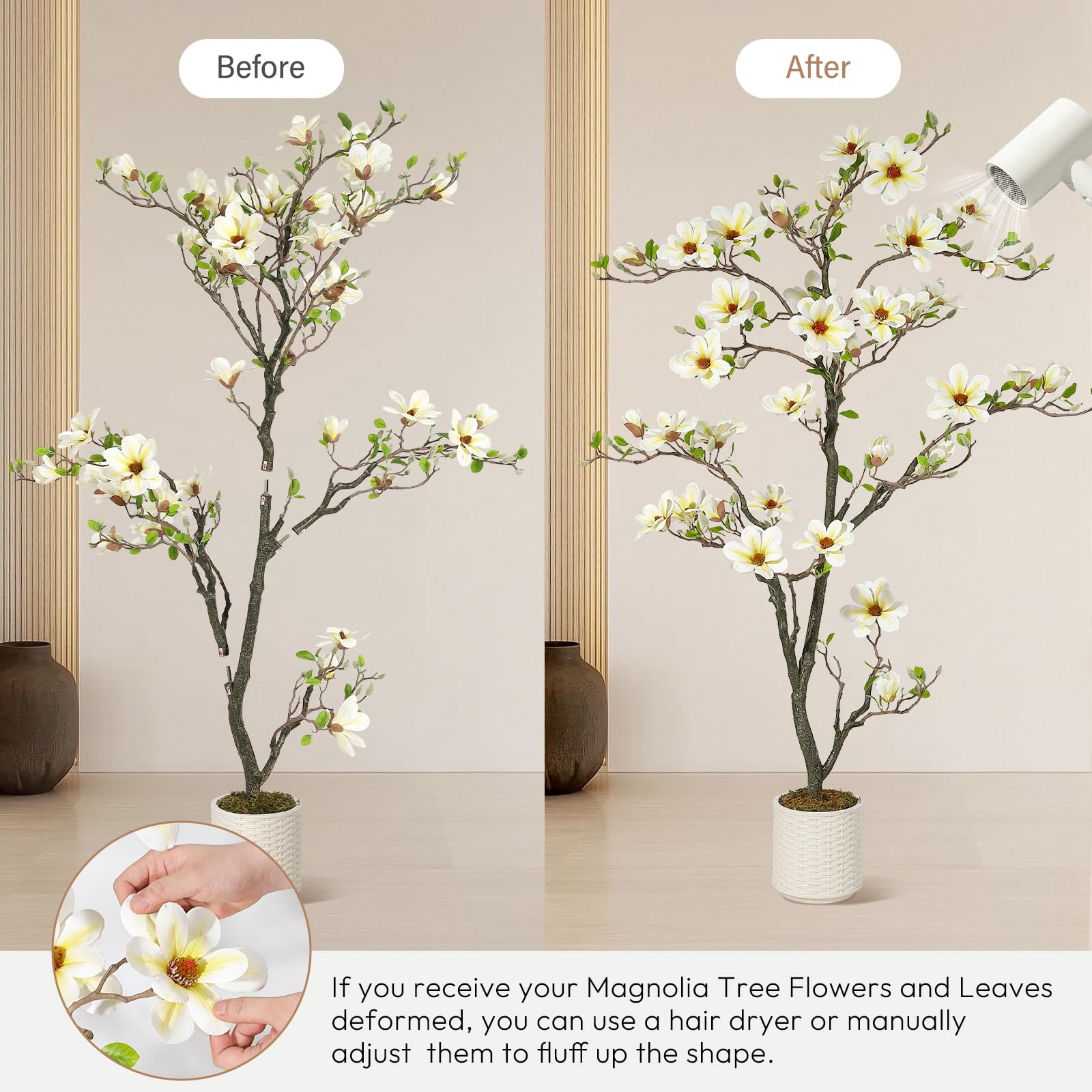 Albero di magnolia artificiale Garvee da 6 piedi, bianco, con rami regolabili, per uso interno ed esterno, struttura in metallo, base stabile