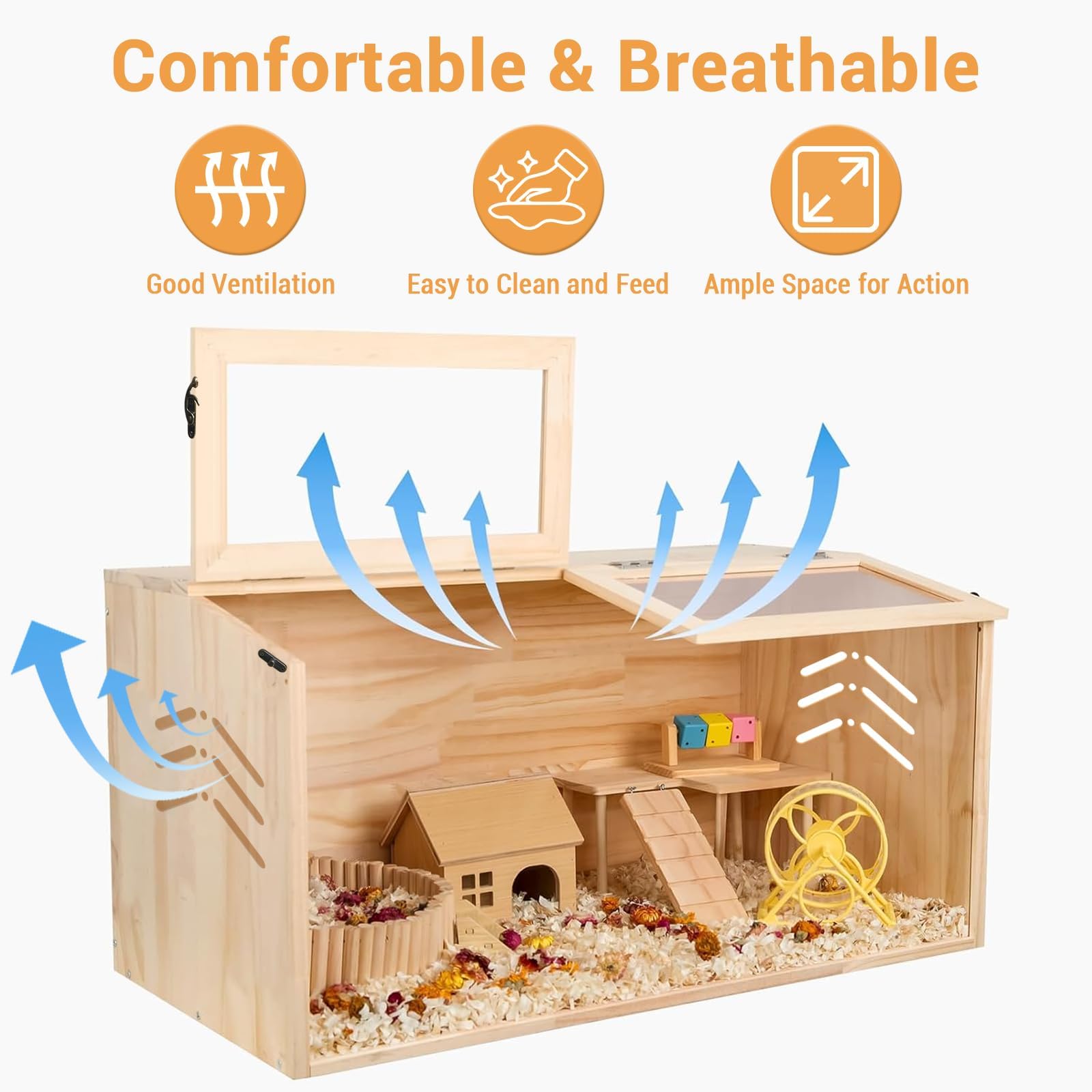 Gabbia per criceti in legno Garvee con finestra in acrilico per piccoli animali, grande 40"x20"x20" in legno di pino naturale