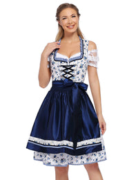 Garvee Dirndl tradizionale da donna per l'Oktoberfest, abito con gonna midi, camicetta e grembiule, motivo floreale, blu navy, taglia M