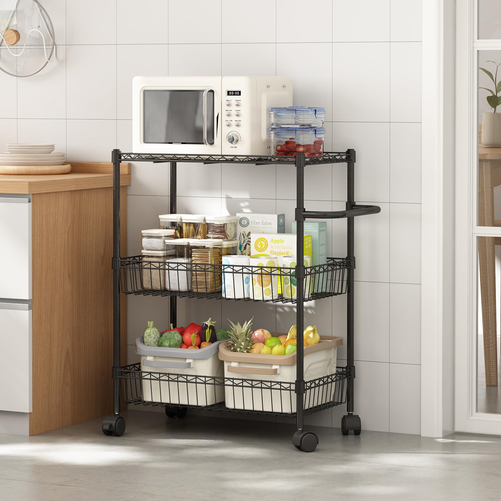 Carrello in metallo Garvee a 3 ripiani con cestini e ripiani regolabili per cucina e bagno, 31,5" nero