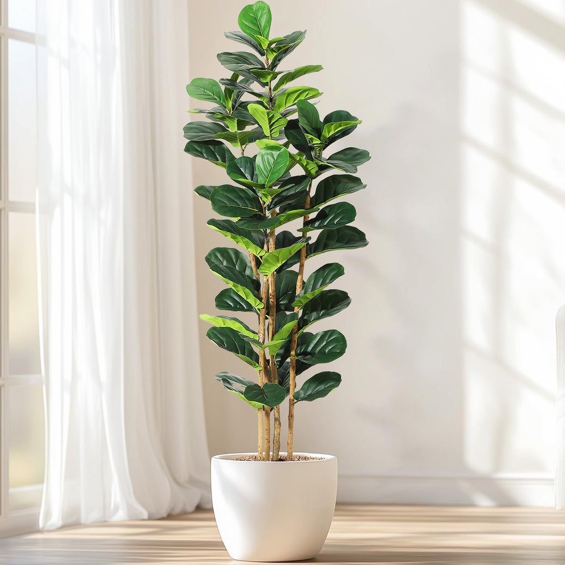 Albero di fico artificiale Garvee da 6 piedi con 74 foglie, vaso in poliestere bianco, decorazione per interni ed esterni, rami regolabili, stabile e durevole