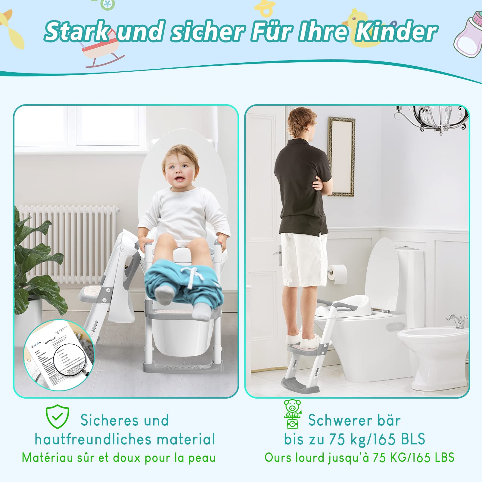 Sedile WC per bambini Garvee con gradini, altezza regolabile, pieghevole, imbottito in PU, antiscivolo, per bambini e bambine, bianco
