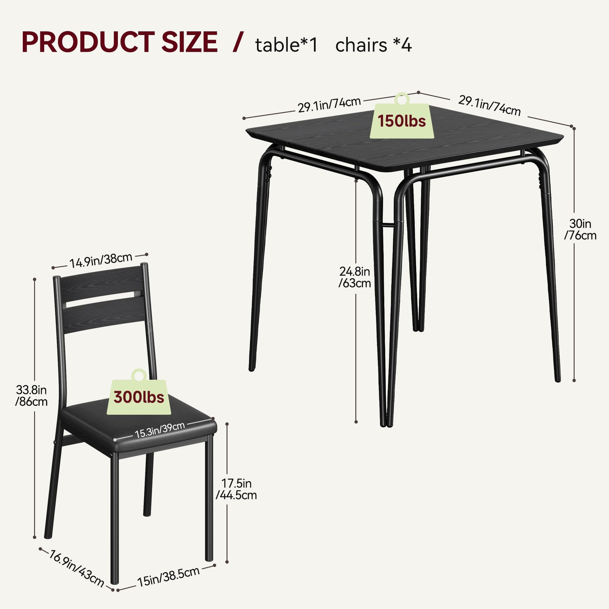 Tavolo da pranzo Garvee per 2 persone con sedie imbottite, piano in MDF, struttura in metallo, salvaspazio, ideale per stanze piccole, quadrato, nero