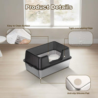 Lettiera per gatti Garvee in acciaio inox con coperchio, extra large, bordi alti, antigraffio, per uso domestico, con tappetino antiscivolo e paletta